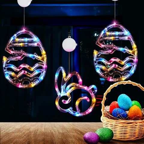 Easter Window Lights,3 Pack Easter Bunny&Egg Shaped Multicolor Battery Operated Easter Hanging String Lights with Suction Cup&Timer for Easter Window Decorations, Indoor, Home, Wall Decor Cover