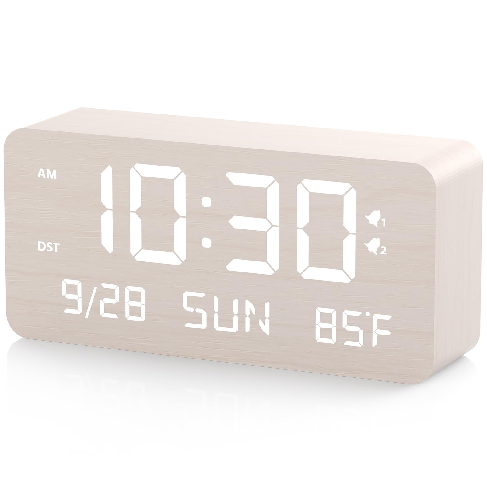 Fomobest Wooden Digital Alarm Clock for Bedroom - Desk Clock with Date Day of Week Temperature Dual Alarms