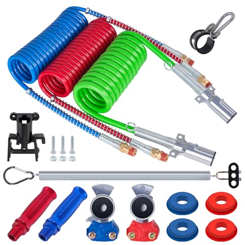 Image of CheeMuii 15 FT Coiled Semi Truck Air Lines Kit with Tender Spring Kit and Gladhands with Handles & Holder 3-in-1 Air Brake Hoses & 7 Way Trailer Cord for Semi Truck Trailer Tractor
