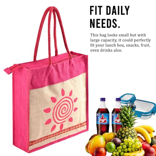 Image of Kuber Industries 3 Pcs Jute Medium Shopping Bag for Women with Handle | Reusable Carry /Shopping Bag for Grocery | Sunflower Print - Cream & Pink