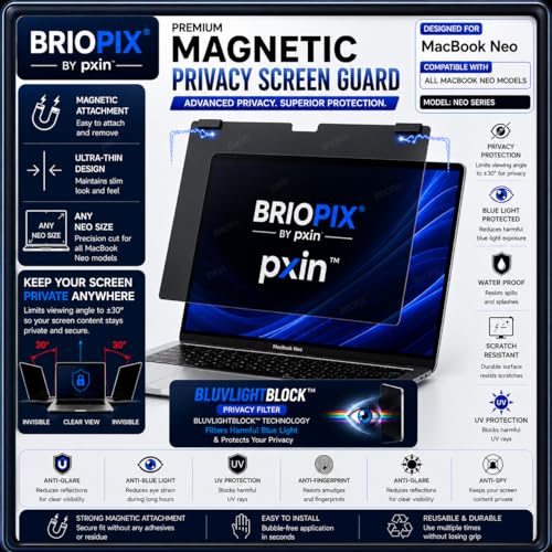 Image of Pxin Briopix Magnetic Privacy Screen compatible with 13 Inch Mac book Neo | Anti Blue | Anti Glare | UV (A /B /C) Block | Nano Privacy Filter