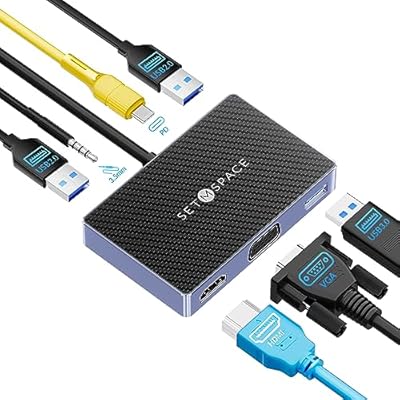 SETMSPACE 7 in 1 Docking Stations, 100W Charging for Laptop, 1 x USB 3.0, 2 x USB 2.0, Dual Display, HDMI for 4K@60Hz, VGA for 1080P@60Hz, 3.5mm Audio, for Dell/HP/Lenovo/Surface/…