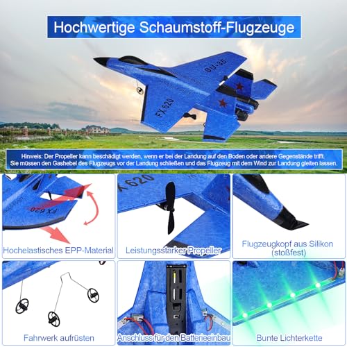 Henakmsl RC Flugzeug 2CH Ferngesteuerter SU35 Kämpfer 2.4GHz RC Flugzeug RTF für Anfänger, Kinder und Erwachsene, FX620 Flugzeug Spielzeug mit Farbigen Lichtern USB-Aufladung Blau
