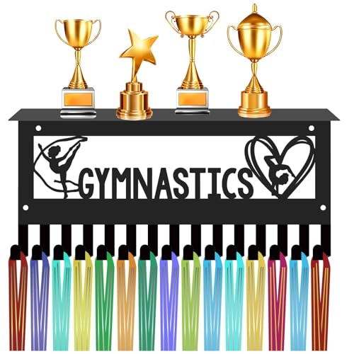 CREATCABIN Soporte Medallas Gimnasia Estante,Medalla Deportiva,Colgador Trofeos,Estante Exhibición,Marco Montaje En Pared,Decoración,Ganchos para Colgar,Cintas,Bailarín,Atleta,30x13cm,Negro