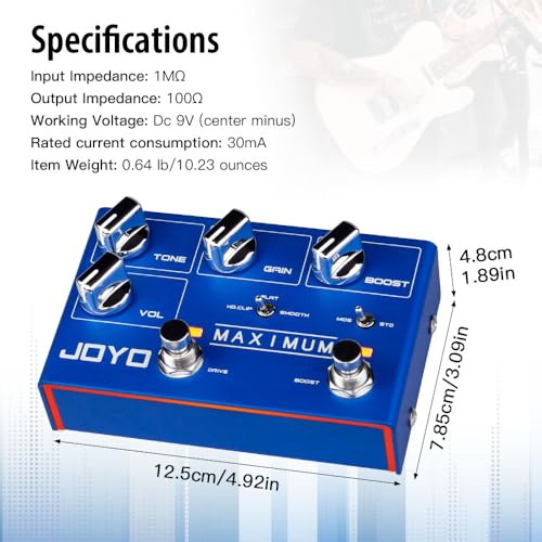 Image of JOYO Dual-Channel Overdrive Guitar Pedal, 2-Stage Drive & Boost with MOSFET /Diode Toggle & 3-Mode Tone Switch, True Bypass (Maximum R-05)