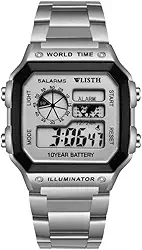 Relógio quadrado multifuncional retrô, casual, à prova d'água, de aço inoxidável, relógio, hora, data, despertador, fuso horário duplo, Prata, Com 4 janelas de exibição, despertadores, data, hora e horário mundial