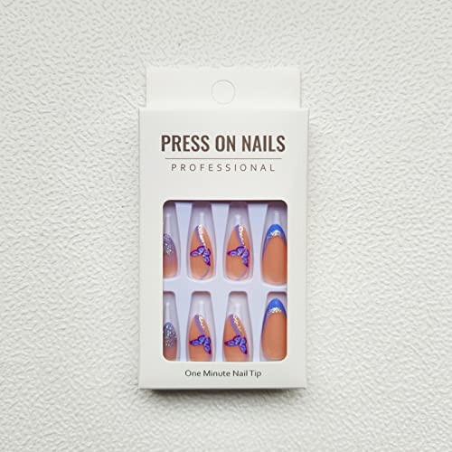 Blue Press On Nails Medium Almond Fake Nails Full Cover False Nails With Butterfly & Glitter Design Glossy Glue On Nails Cute Acrylic Nails French Tip Press On Nails Stick On Nails For Women 24Pcs #TOP5