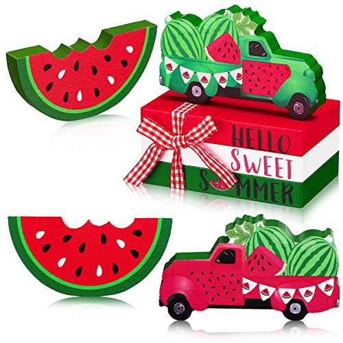 Yalikop 5 Pcs Watermelon Decorations for Home Summer Watermelon Wooden Table Decor Hello Sweet Summer Tabletop Centerpieces Red Green Wood Truck Sign for House Kitchen Shelf Office Desk Tiered Tray