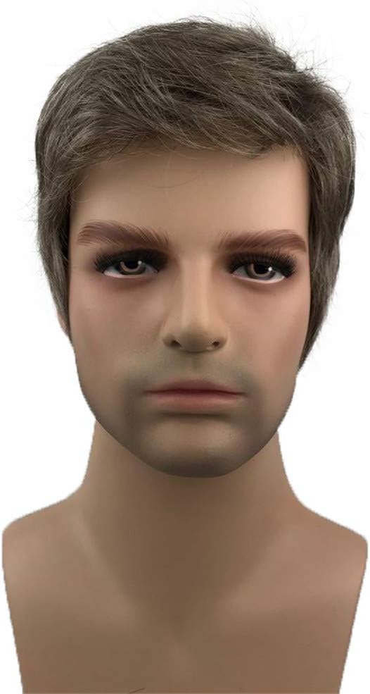 Mens Wigs Short Straight Hair Brown mix Sliver Natural Synthetic Full Wig