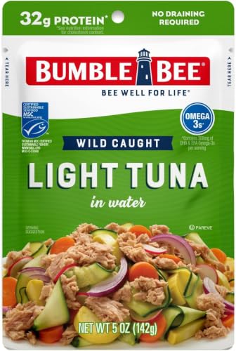 Image of Bumble Bee Chunk Light Tuna in Water, 5 oz Pouch - Ready to Eat Wild Caught Skipjack Tuna Packet - 32g Protein per Pouch - MSC Sustainable Seafood, Non-GMO, Gluten Free, Kosher (Pack of 5)