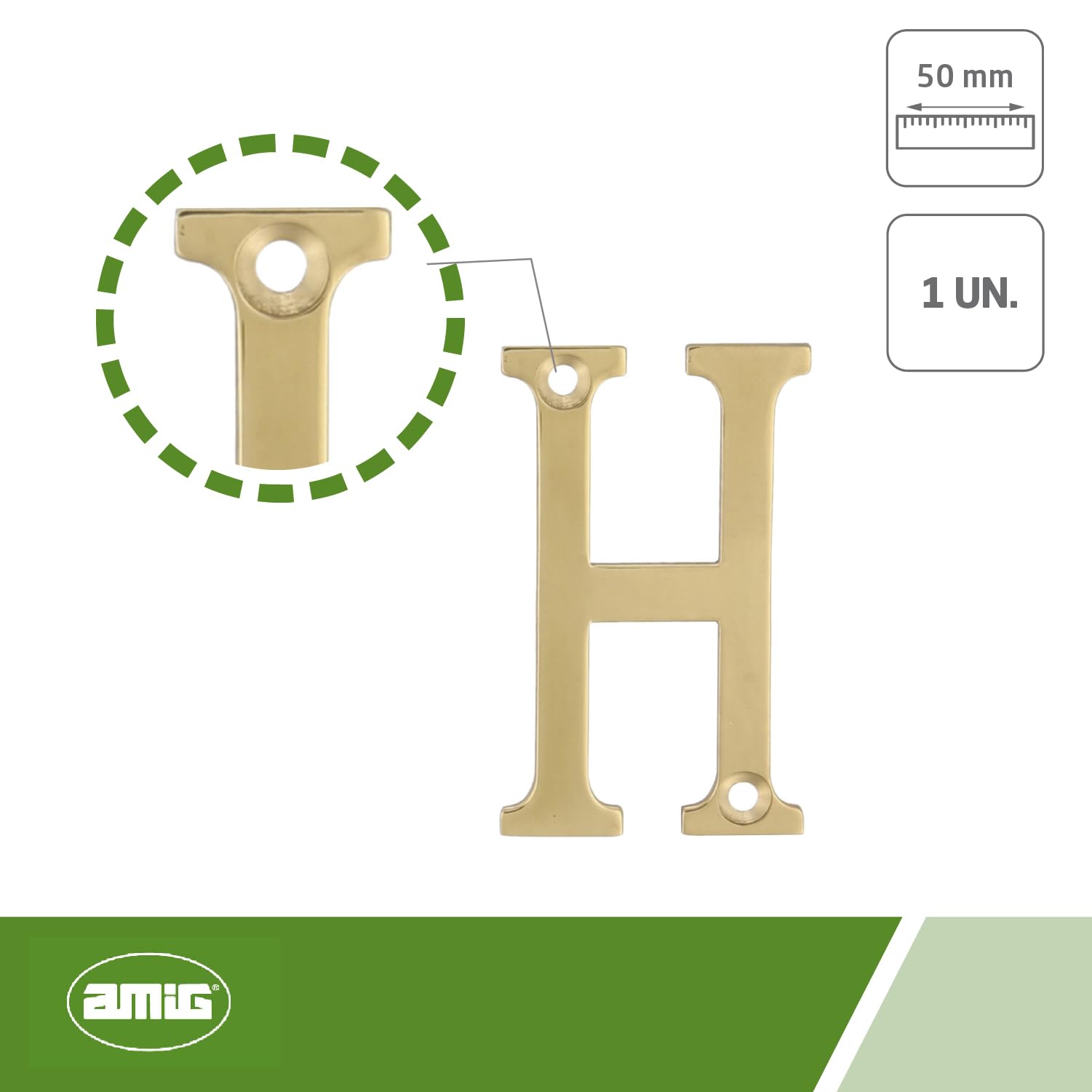 Amig 50mm Polished Brass Letter H for Screwing Indoors & Outdoors - Suitable for Doors Walls or Facades of Houses - Gold Finish - Image 3