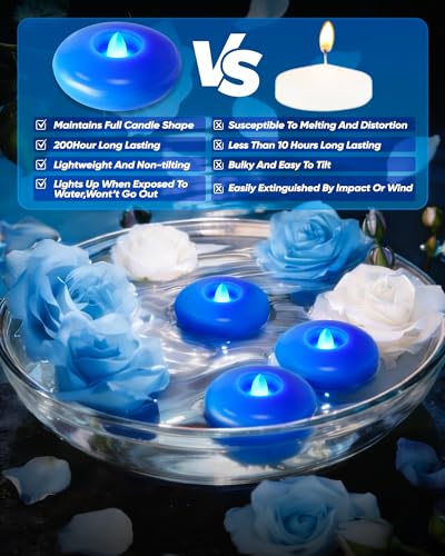 Image of Homemory 12 Pack 3 inch Flameless Led Floating Candles, 200 Hour Blue Battery Operate Waterproof Tealights for Cylinder Vases, Centerpieces at Wedding Decor, Party, Pool