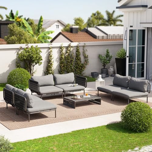Image of Crestlive Products Outdoor Patio Furniture Set, 6 Seater Modular Oversized Patio Conversation Set with Cushions, Modern Metal Sectional Outdoor Couch for Backyard, Deck, Porch, or Poolside, Dark Grey