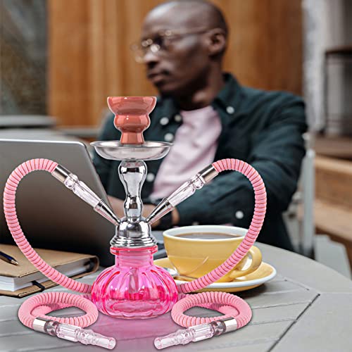2 Hose Hookah Set 11'' Small Shisha Hookah Set With Mini Pumpkin Glass Vase, Ceramic Bowl, Leather Hose, Coal Tong, 50 Hookah Foil, 50 Disposable Tips (Pink) #TOP3