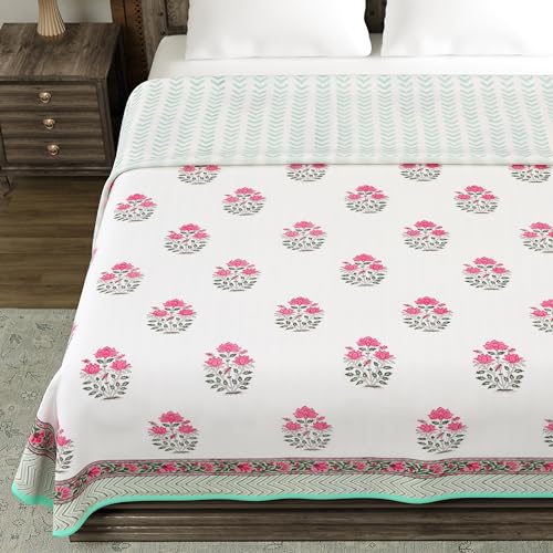 Image of BLOCKS OF INDIA 100% Cotton Dohar King Size Reversible Hand Block Printed Malmal Summer Dohar /Blanket (Color 3)