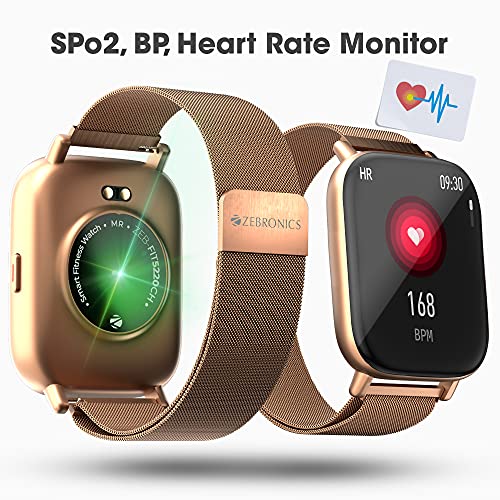 Image of ZEBRONICS ZEB-FIT5220CH Smart Fitness Watch with 2.5D Curved Glass 4.4cm Square Display, SpO2, BP, HR Monitor, IP68 Water Proof, 8 Sports Mode, Metal Body & Strap(Gold Metal) (Mettalic Gold)