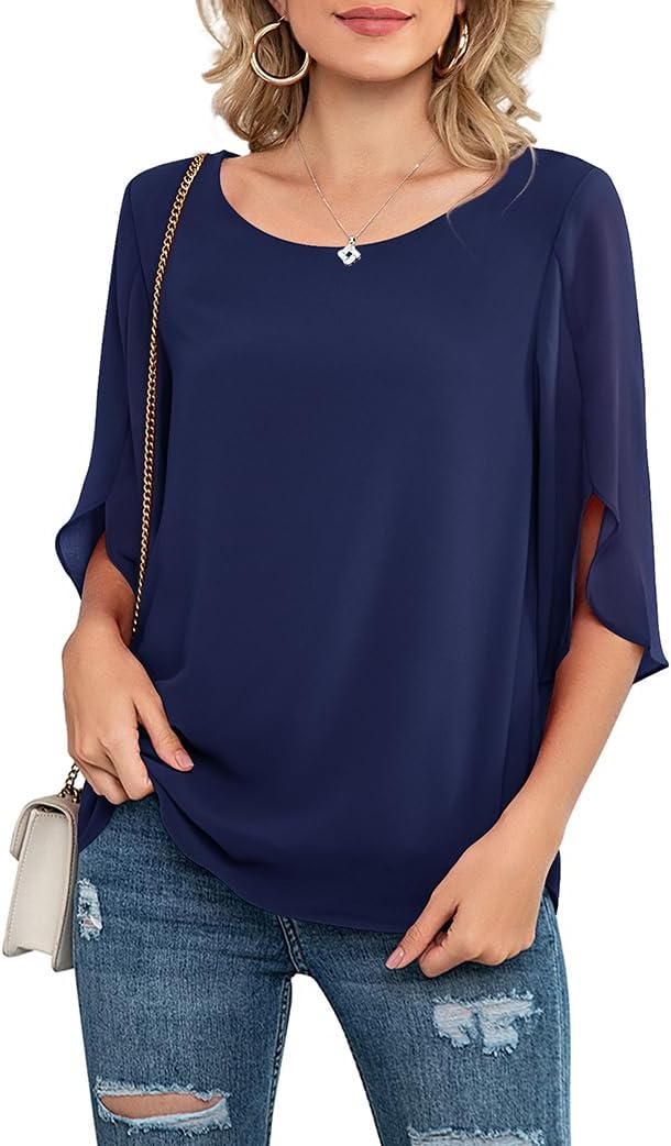 Neineiwu Womens Casual Scoop Neck Loose Top 3/4 Sleeve Chiffon Blouse Shirt Tops - Image 2
