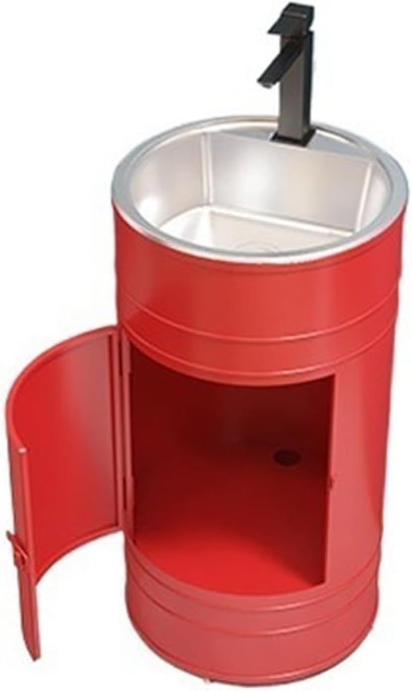 Pedestal Sink Cylindrical Basin with Stainless Steel Sink, freestanding Bathroom Sink, Creative Metal Bathroom Vanity Sink Combination with Faucet, Drain kit Fl,Blac,Red-C