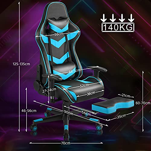 Sedia Gaming Ergonomica Lombare con Poggiapiedi Poltrona Gamer Schienale Alto Reclinabile 180° da Ufficio Girevole Imbottita in Ecopelle con Braccioli Regolabili Portata 140 kg Nera/Blu - Sedia gaming - Immagine 2