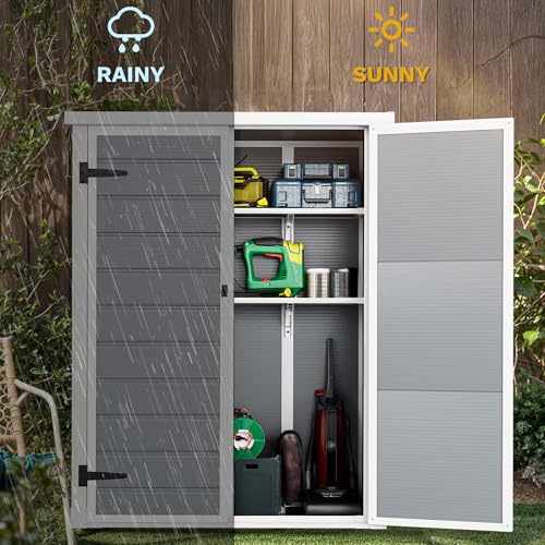 Image of DWVO 50 Cuft Outdoor Tall Storage Shed with 2 Shelves, 4.3x2x5.5ft Vertical Tool Shed with Floor & Lockable Doors, Sturdy Double-Wall Plastic Cabinet for Garbage Cans and Garden Equipment (Gray)