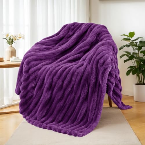 Exclusivo Mezcla Fleece Throw Blanket for Sofa, Super Soft Striped Jacquard Bed Blanket, Lightweight Fuzzy Cozy for All Seasons, 127x152 CM, Purple