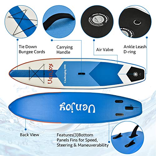 Uenjoy 10' Inflatable Stand Up Paddle Board (6 Inches Thick) Non-Slip Deck Adjustable Paddle Backpack,Pump, Repairing kit, Blue
