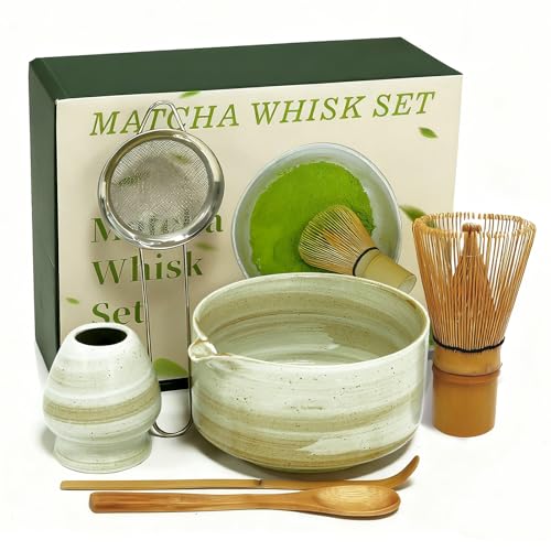 Matcha Whisk Set, Matcha Set, 6 Pieces, with Bamboo Whisk, Ceramic Bowl & Sifter Complete Matcha kit Tea Includes Scoop & Spout Bowl, Traditional Japanese Tea Accessories for Home (set of 6)