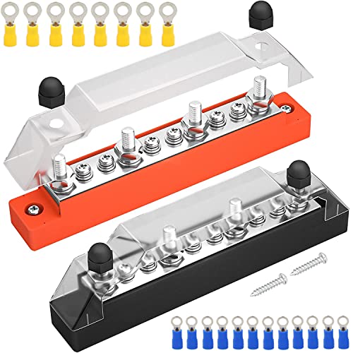 Greluma 1 Par Bloque de distribución de energía de 10 vías, 4 pernos de terminal M6, 6 tornillos de terminal M4 Barra de bus de batería para automóvil Barco marino