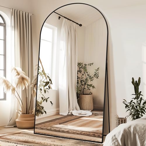 Image of Antok 91 inch x46 inch Arched Full Length Floor Mirror, Black Aluminum Frame, Free Standing /Wall Mount /Leaning for Bedroom, Living Room, Dressing Room