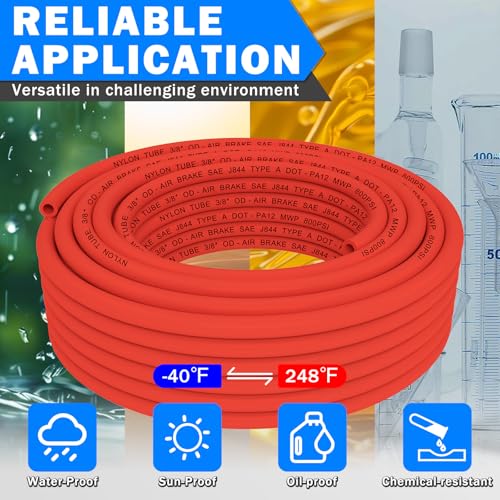 Image of CheeMuii 50 FT 3 /8 inch DOT Air Line Red 3 /8 PA12 Nylon Pneumatic Tubing 15.2 Meter 3 /8 Inch OD Pneumatic Air Tubing Pipe Hose Line for Semi Truck Trailer or Industrial Air System