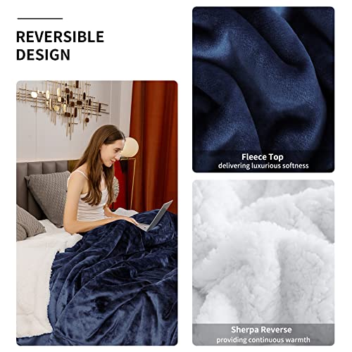 Aisbo Blanket Queen Navy Blue Warm - Thick Winter Sherpa Fleece Queen Size Blankets For Bed, Reversible Fluffy Soft Large Throw Blankets, 90X90 Inches #TOP3