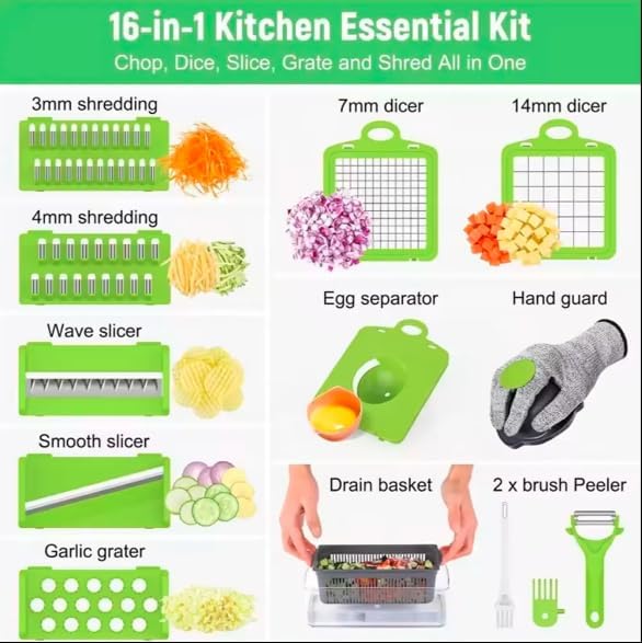 Miniatura 7 de Picador de verduras 16 en 1 Picador de verduras_ Cortador de verduras_ dicer, cebolla picador_ separador de huevos, guantes de seguridad de guardia