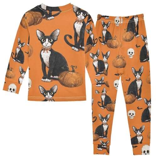 Fustylead Halloween Cornish Rex and Skull Pumpkin Cotton Pajamas, Snug Fit Long Sleeve Soft Sleepwear Pjs2