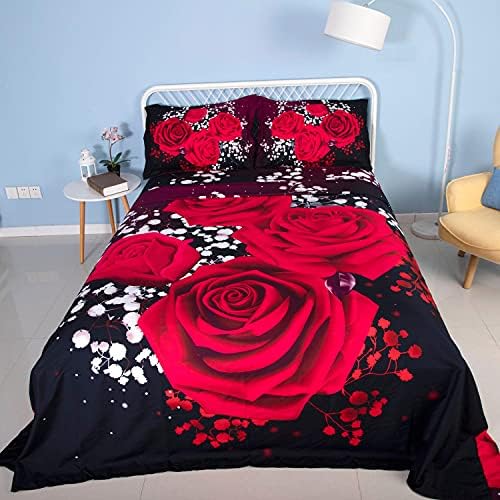 EsyDream 4 Pieces Rose Bed Sheet Sets 3D Red Rose Floral Bedsheet for King Size Bed Extra Soft Deep Pockets Easy Fit Includes 1 Flat Sheet,1 Fitted Sheet,2 Shams,Rose Mattress Fitted Bed Sheet King