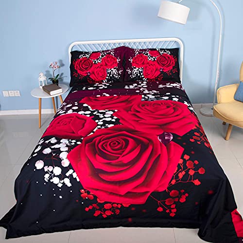 4 Pieces Rose Bed Sheet Sets EsyDream 3D Red Rose Floral Bedsheet for King Size Bed Extra Soft Deep Pockets Easy Fit Includes 1 Flat Sheet,1 Fitted Sheet,2 Shams,Rose Mattress Fitted Bed Sheet Full