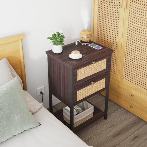 End Table with Charging Station, 2 Tier Rattan Decorated Nightstand with USB Ports and Outlets, Bedside Table with Drawer, Modern Sofa Side Table for Bedroom, Living Room, Office, Cherry Red - Thumbnail 5