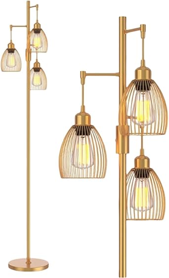 3-Lights Floor Lamp LED Industrial Metal Standing Lamp Farmhouse Iron Shade Floor Lamps Metal Base Nordic Creative Standard Lamps for Living Room Bedroom Dinning Room Office Gold