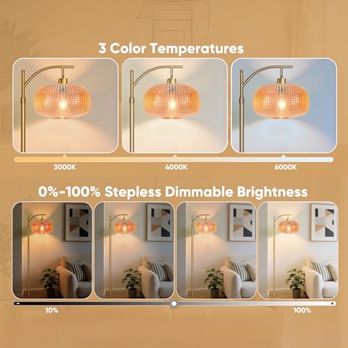 Image of Glass Floor Lamp for Living Room with Amber Glass Lampshade&Remote Control | Dimmable Modern Standing Lamp with 12W LED Bulb, Tall Lamp for Bedroom
