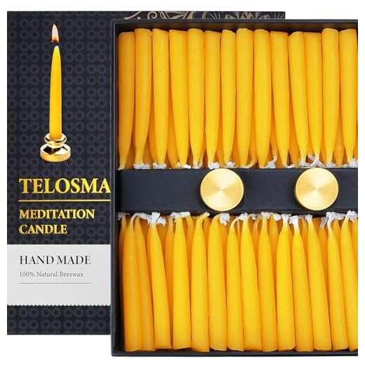 100-Pack Pure Beeswax Meditation Candles –20 Minute Bees Wax Candles, 0.28 inch Thin Mini Taper Candle, Relaxation Candles for Prayer, Yoga, Spiritual Practices – Includes 2 Holders – Yellow