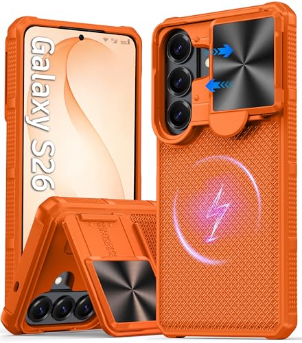 Image of Magnetic for Samsung Galaxy S26 Case,[Slide Camera Cover][Kickstand][Compatible with Magsafe][Kickstand][Military Grade Protection] Shockproof Rugged Case for Galaxy S26, Orange