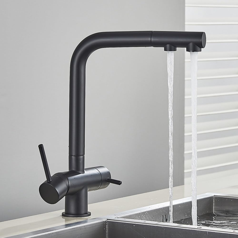 Brass Pullout Kitchen with 360° Rotation Black Filtered Water Purifier Tap for Vessel Sink Dual Drinking Water Mixer Tap Nickel Finish,Black-1