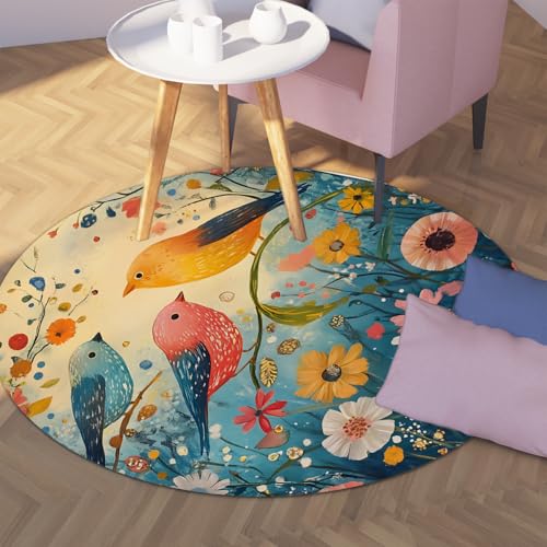 Tapis rond bohème 80cm oiseaux et fleurs lavable et antidérapant - 3