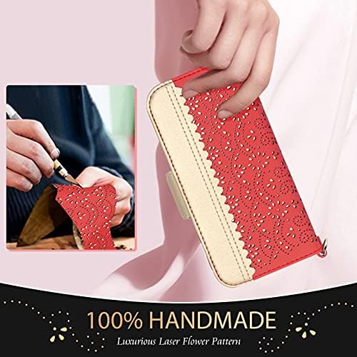 Wallet Case for iPhone 13 Pro Max (6.7") 2021 5G,Premium Leather iPhone 13 Pro Max Wallet Case with [Romantic Carved Flower] [Card Holders] [Kickstand] and [Makeup Mirror] for iPhone 13 Pro Max,Red