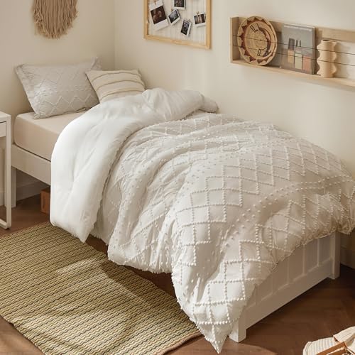 Image of Bedsure Twin XL Comforter Set - Beige Comforter, Boho Tufted Distressed Vintage Bedding for Kids, 2 Pieces Farmhouse-Style Bed Set for All Seasons, Fluffy Soft Bedding with 1 Pillow Sham