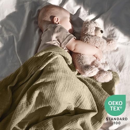 Image of Dreamology Receiving Blanket,Muslin Swaddling Blankets for Newborn Boy,Girl,2 Pack,Soft & Breathable,100% Cotton Swaddle Blanket,Large Baby Swaddle Blanket,44 x 44 inches Muslin Blanket | Olive, Acru
