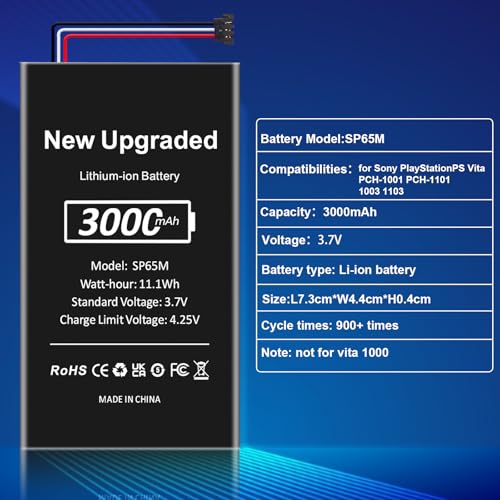 Image of SP65M Battery for PlayStation Vita, 3000mAh Inner Battery Replacement for PS Vita PCH-1001 PCH-1101 1003 1103 PSV Games with Repair Tool Kit (Not for PS Vita PCH-2000)