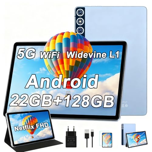 ZIOVO Tablet 10 Zoll mit 22GB RAM+128GB ROM (1TB TF), Android 14 mit 5G WLAN | Widevine L1 | Octa-Core 2.0 GHz | GMS | 8000mAh | FHD 1280 * 800 | 5+8MP | BT 5.0 | AGPS | Tablet mit Case - Blau