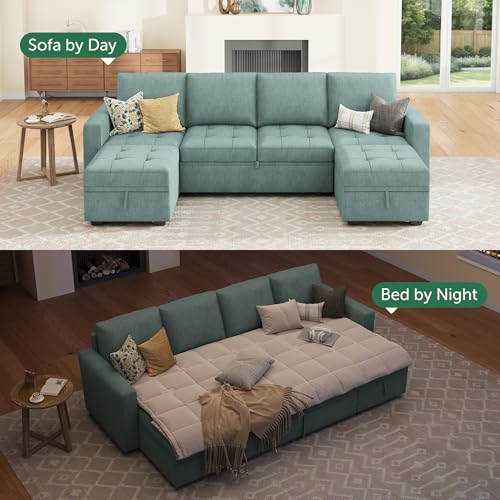Image of HONBAY Modular Sectional Sleeper Sofa with Pull Out Bed,U Shaped Couch with Storage Seat,Sectional Couches for Living Room,Blue