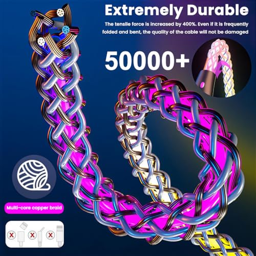 Image of Verilux 3-in-1 RGB LED PD 66W Type C Cable Fast Charging 3.9FT, 480Mbps Data Transmission C Type Charger Cable with C Connector, USB to Lighting, USB to Micro A for iPhone 17 /16 /15, Galaxy S25 /S24