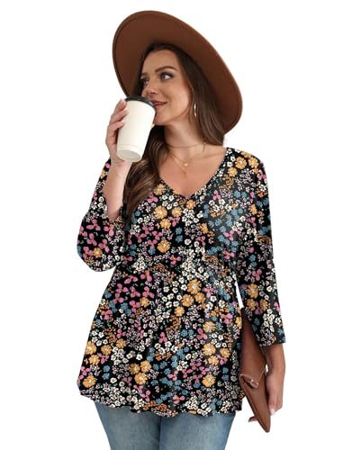 Image of OFEEFAN 3 /4 Length Sleeve Womens Tops 2026 Blouses for Women Dressy Casual Fashion Clothing V Neck Babydoll Tops Fall Outfits